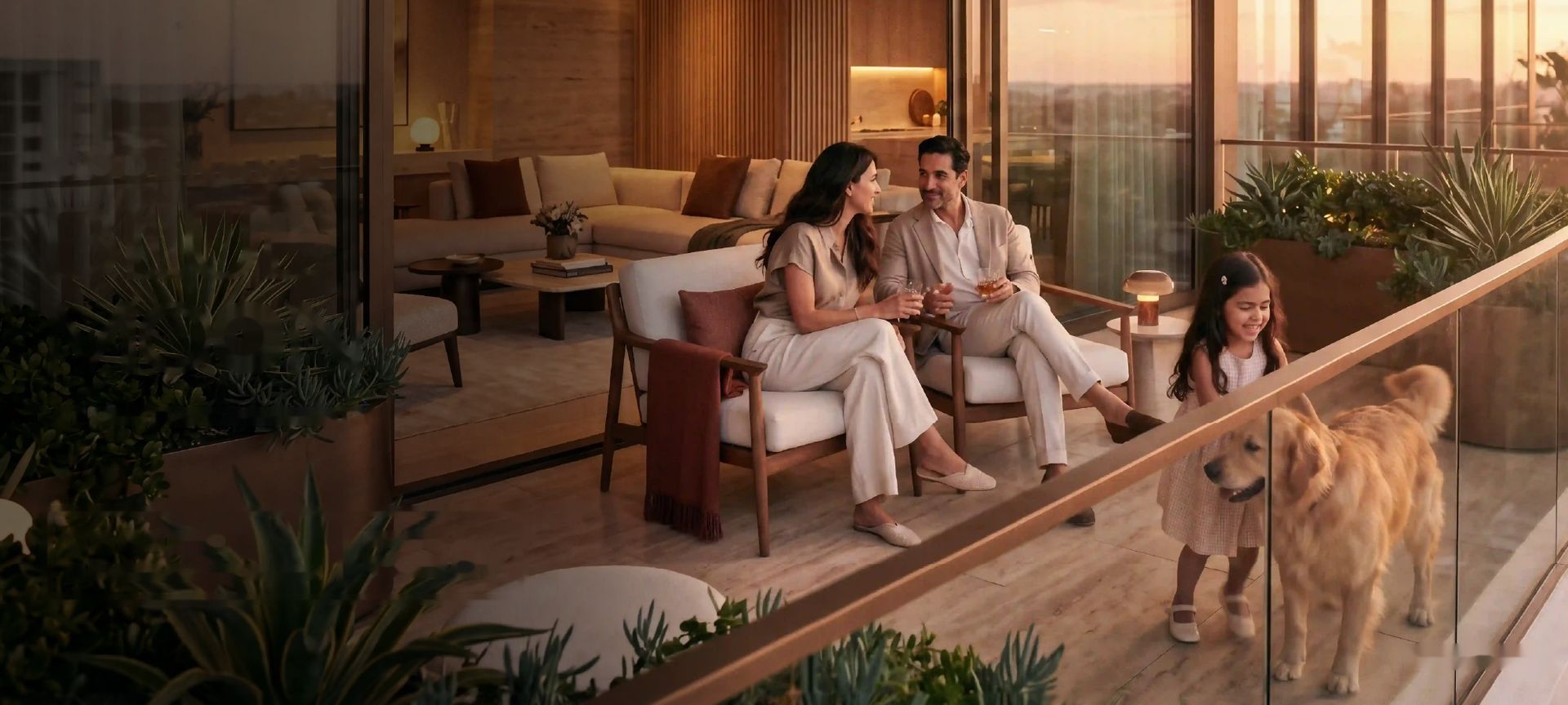 A family on a Century Astoria balcony at dusk, Codename Blue Moon, Jakkur (conceptual image)