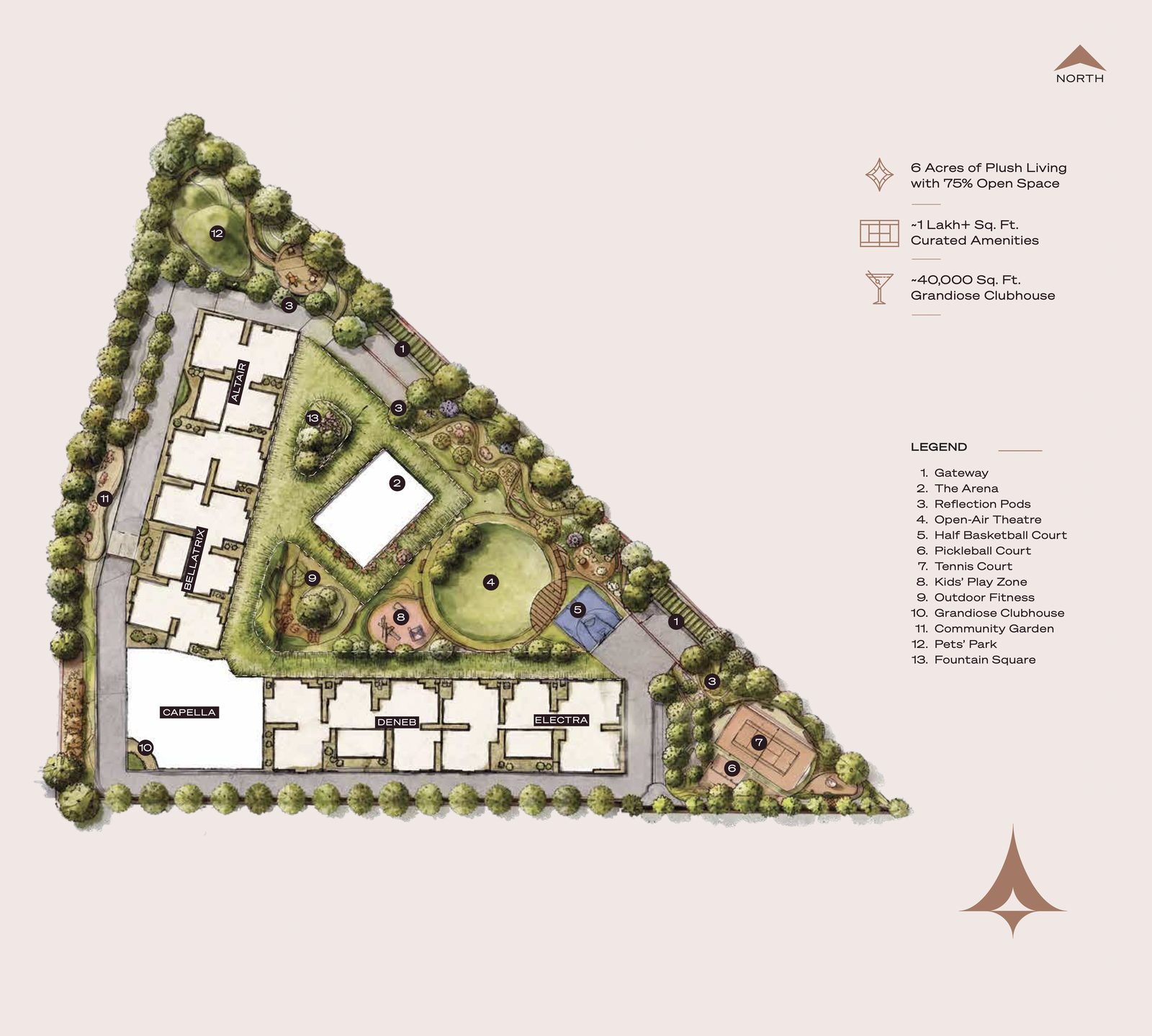 Century Astoria landscape master plan with the 13-point legend