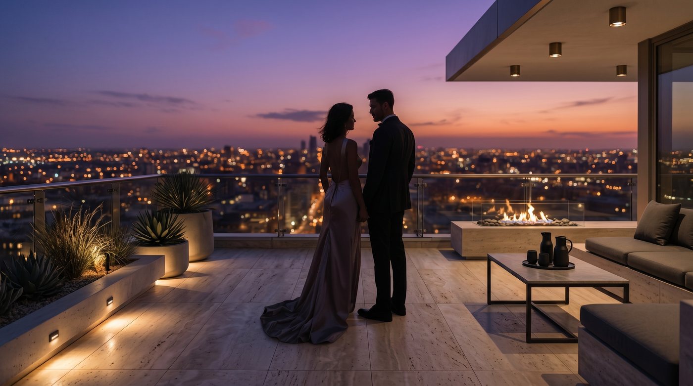 A penthouse terrace at dusk, representative image from Century's Luxe Premiere collection